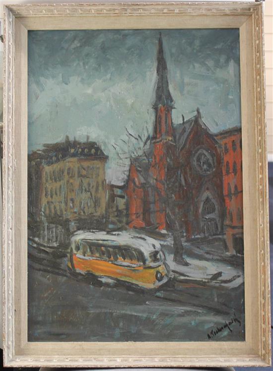 Alex Tschernjawski (American, b.1933) Street scene with trolley bus, 26 x 18in.